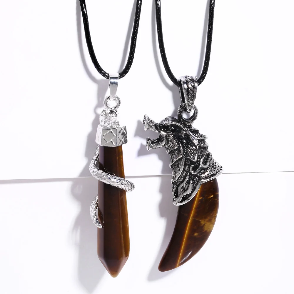 

FLOLA Hip Hop Punk Wolf Tooth Necklaces for Men Women Leather Chain Tiger Eye Nature Stone Necklaces Vintage Jewelry nkeb661