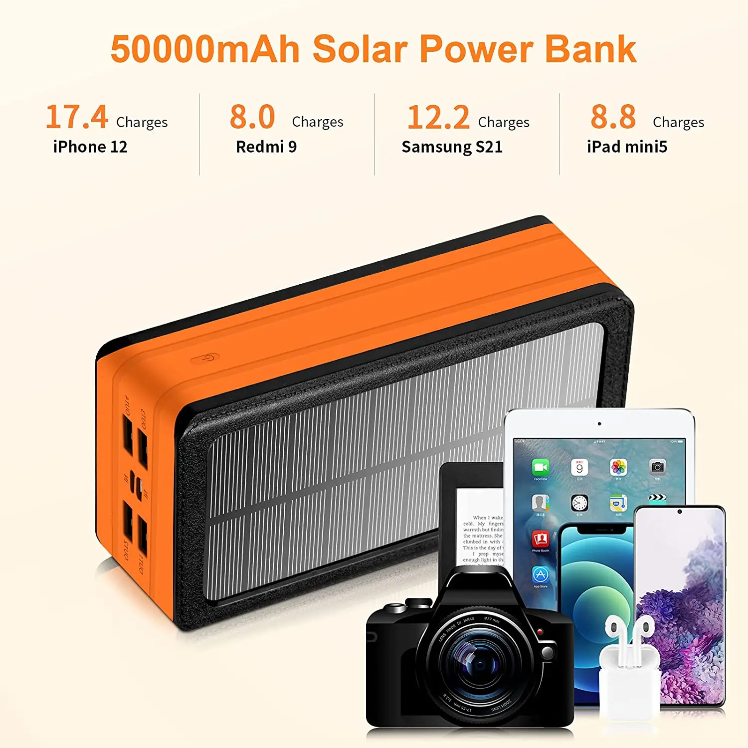 solar power bank 50000mah portable solar phone charger with flashlight 4 output ports 2 input battery compatible with iphone free global shipping