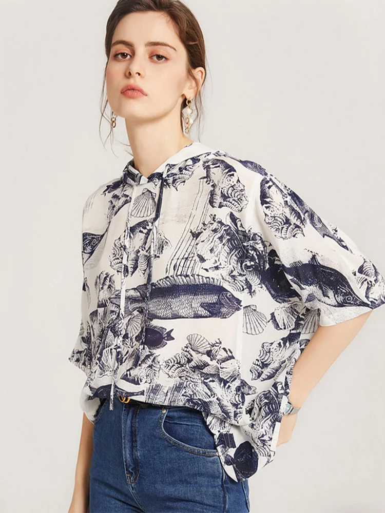 SuyaDream Woman 2021 Summer Blouses 100%Silk Crepe Half Sleeves Hooded Printed Blouse Shirts enlarge