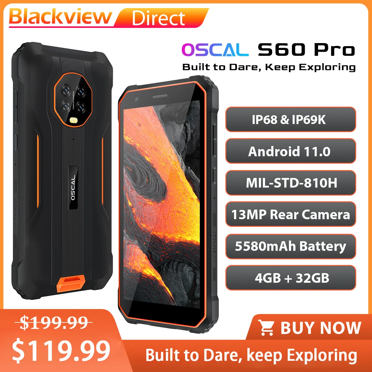 Blackview Oscal S60 Pro IP68 Waterproof Rugged Smartpone 5.7 Inch Display 4GB+32GB 5580mAh Android 11 8MP+13MP Mobile Phone NFC