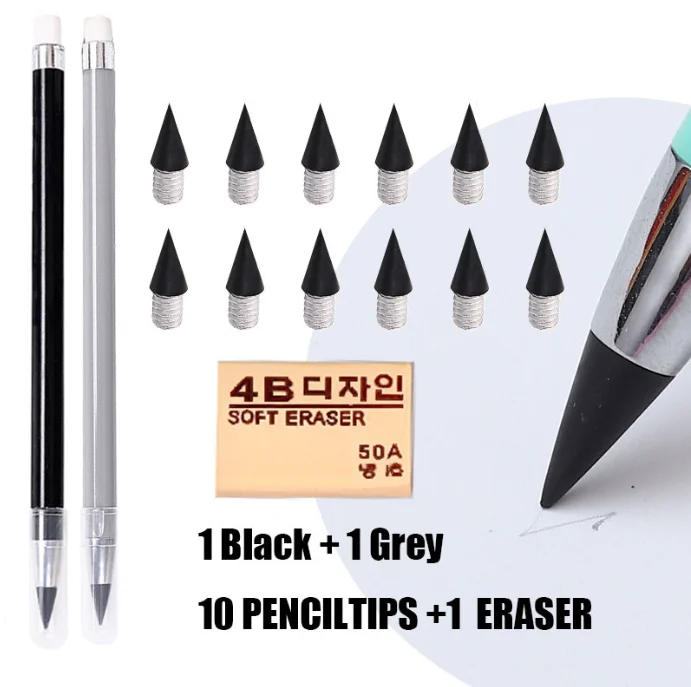 2+11Pcs Eternal Pencil Unlimited Erasable pencils Writing Metallic HB No Ink Pencil set Kawaii Stationery cute School Supplies