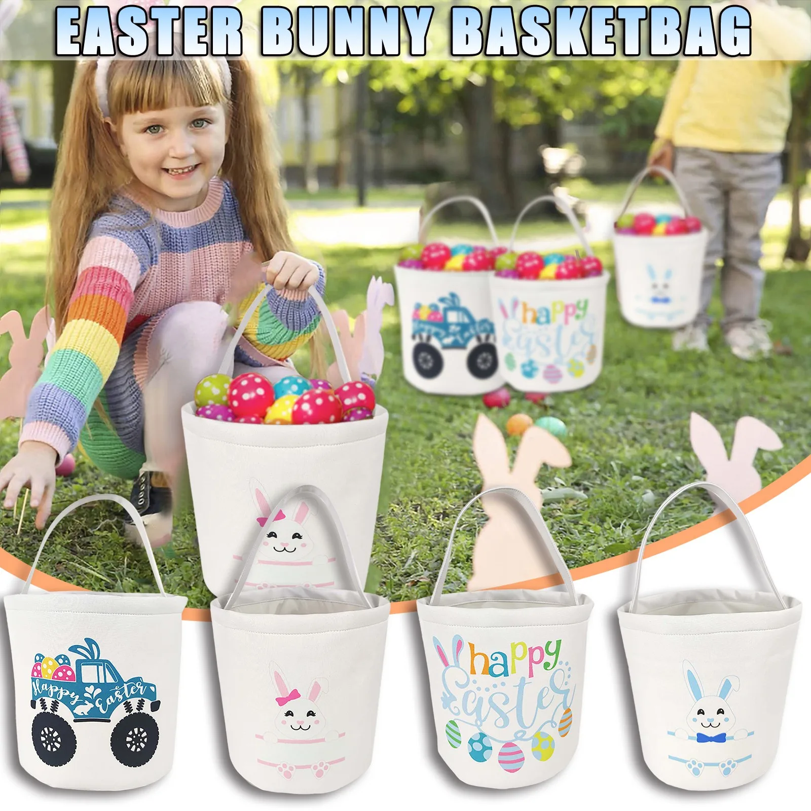 

Hot Sale Easter Basket Canvas Bucket with Fluffy Tail Foldable Ears Easter Tote Bag Candy Party Supplies for Boys and Girls