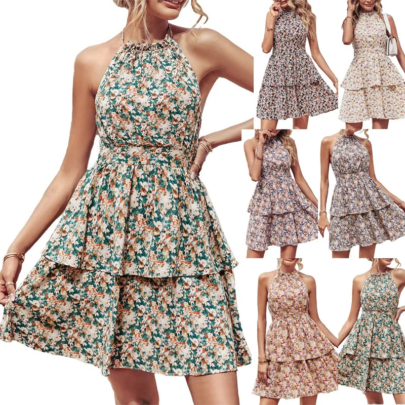 

Europe and the United States summer hot new neck backless printed sleeveless dress women