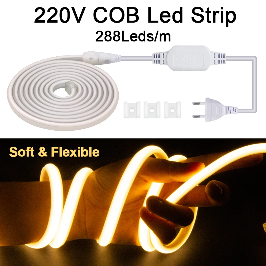 

Waterproof COB LED Strip 220V 288leds/M 15M 25M 35M 50M High Brightness Soft Flexible COB Led Ribbon For Home Kitchen Outdoor