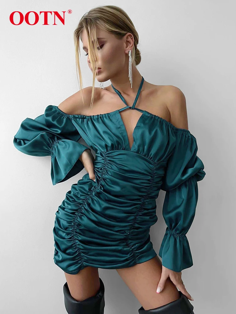 

OOTN сексуальное коричневое открытое короткое платье Элегантное атласное платье с рюшами и открытыми плечами женское осеннее мини-платье с д...