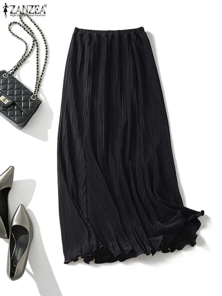 

Fashion 2022 ZANZEA Loose Skirts Summer Women Pleated Skirts Casual Solid A Line Faldas Oversized Loose Holiday Beach Saias Jupe