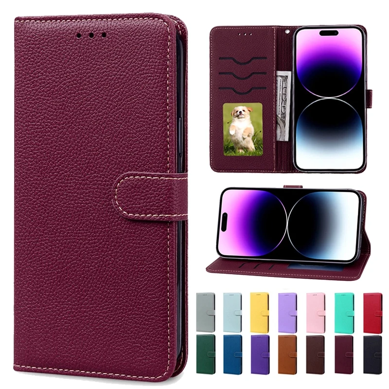 

Lychee PU Leather Wallet Case for iPhone 14 13 12 11 Pro XR XS Max 7 8 Plus Card Slots Flip Cover for 14 Pro 14 Plus 14 Pro Max