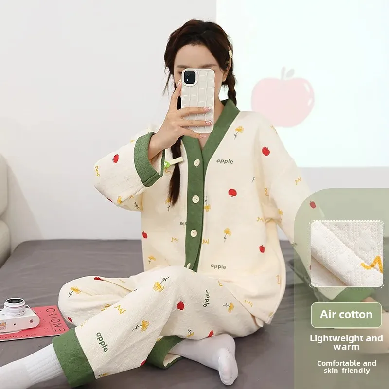Women's Autumn Winter Thickened Cotton Long Sleeve Air Layer Cardigan Kimono Outerwear Homewear V-Neck Pajama Set