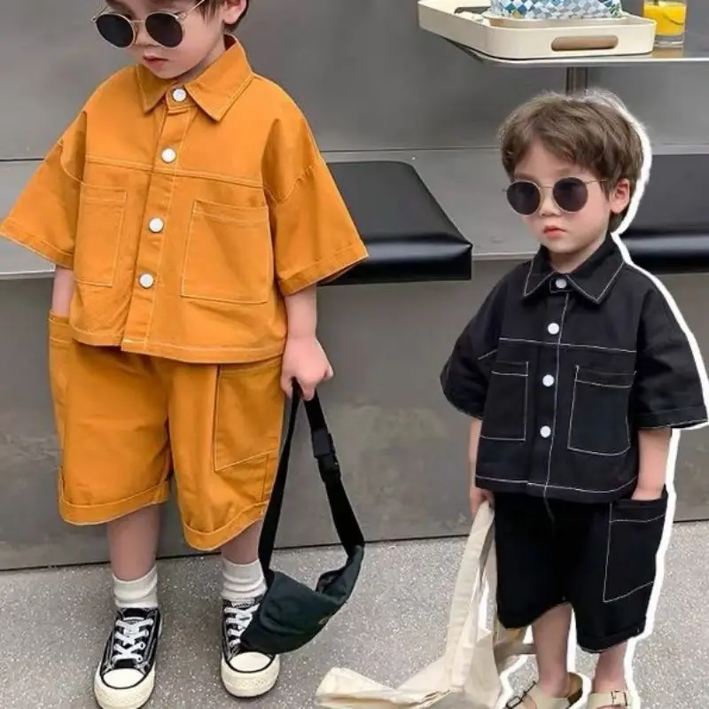 

Fashion Clothes Boys Short Sleeved Top+Pants 2PS Solid Color Work Style Set Infant Toddler Summer Children Clothes 18M-10Y