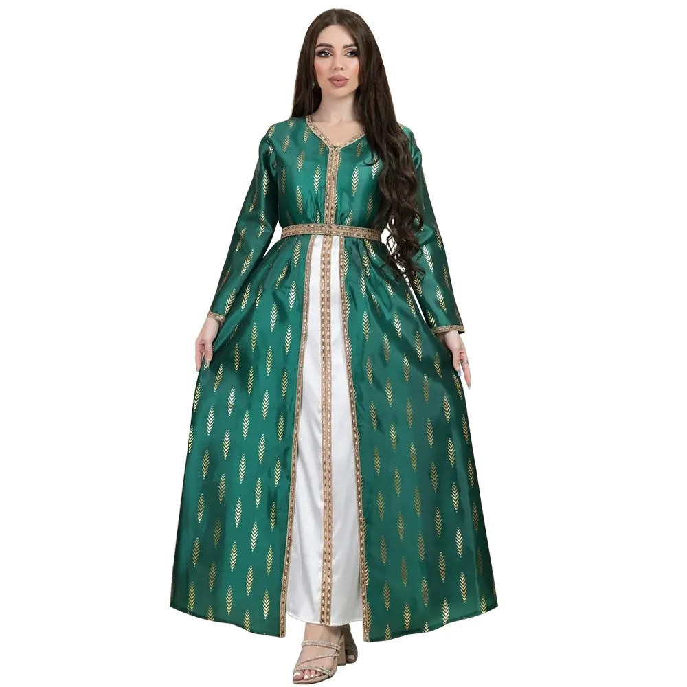 

2023 Elegant Muslim Women Long Sleeve V-neck Polyester Black Green Red Long Abaya Muslim Fashion Dress S-2XL Abaya Dress