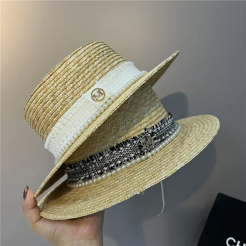 

202205-nu summer dropshipping Tweed Pearl Webbing handmade straw lady fedoras cap women panama jazz hat