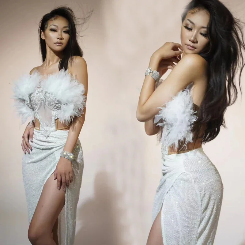 Женский праздничный наряд белый кружевной топ юбка с блестками бар ночной клуб DS