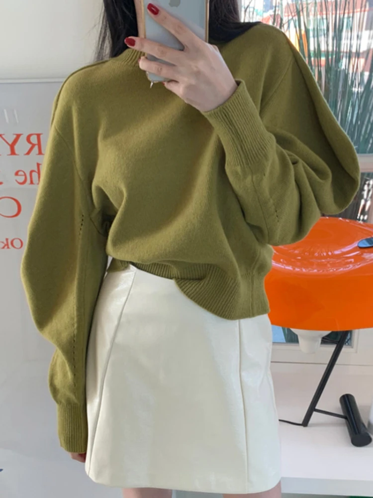 

Korobov Autumn Winter Vintage Knit Tops O-Neck Solid Color Sweater Puff Puff Sleeve Pullovers Korean Fashion Sueters De Mujer