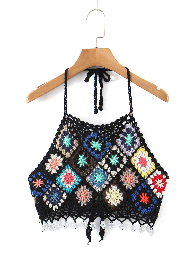

YENKYE Summer Women Boho Plaid Floral Handmade Crochet Camis Fashion Faux Pearl Trim Sexy Backless Halter Female Crop Top