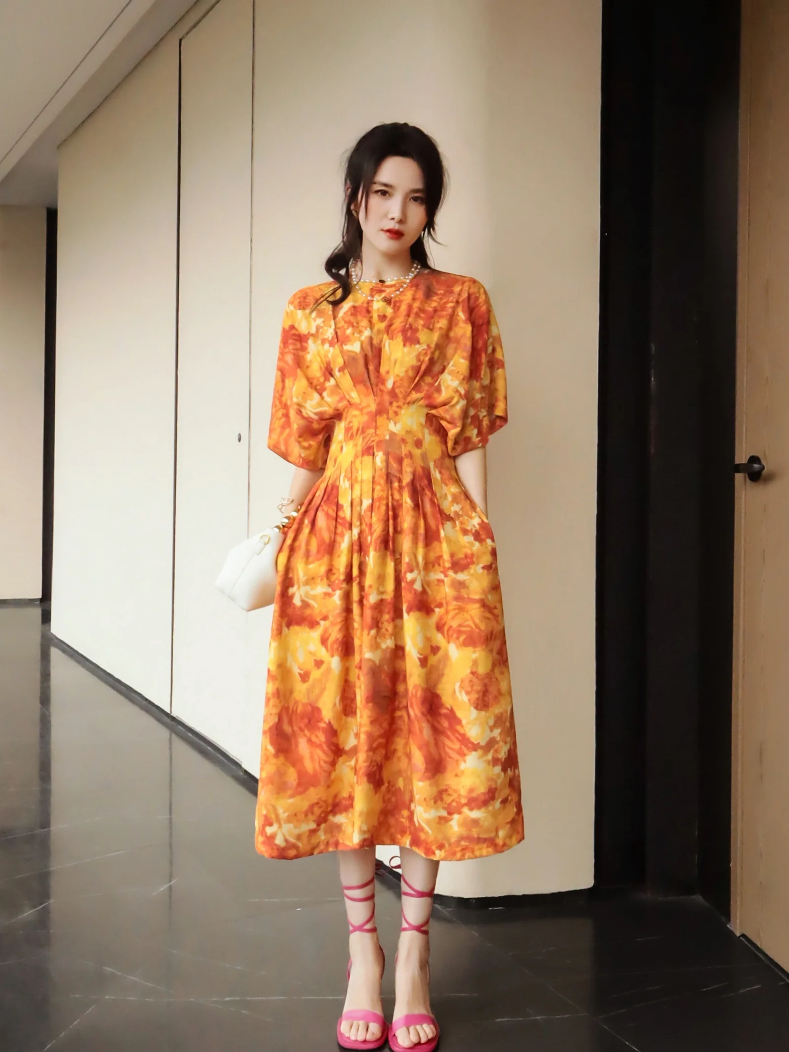 

Premium Orange Tone Print Tie Dye Style Waist Wrapped and Pleated Large Swing Skirt Long Holiday Dress Summer