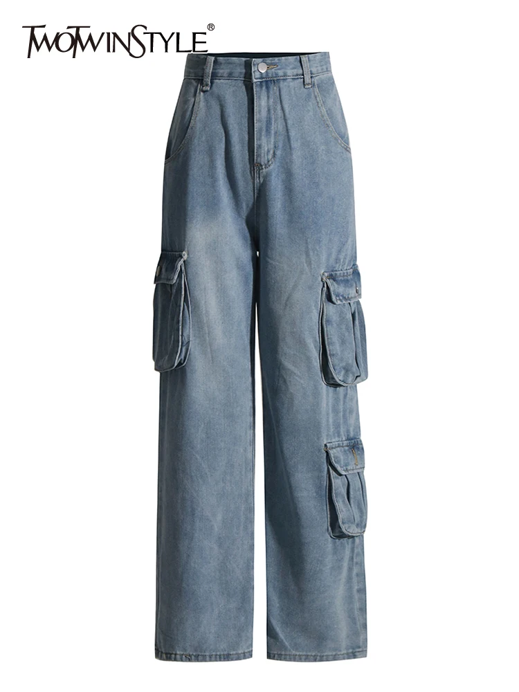 

TWOTWINSTYLE Minimalist Denim Wide Leg Pants For Women High Waist Patchwork Zipper Loose Jeans Female Fashion Style Clothes New