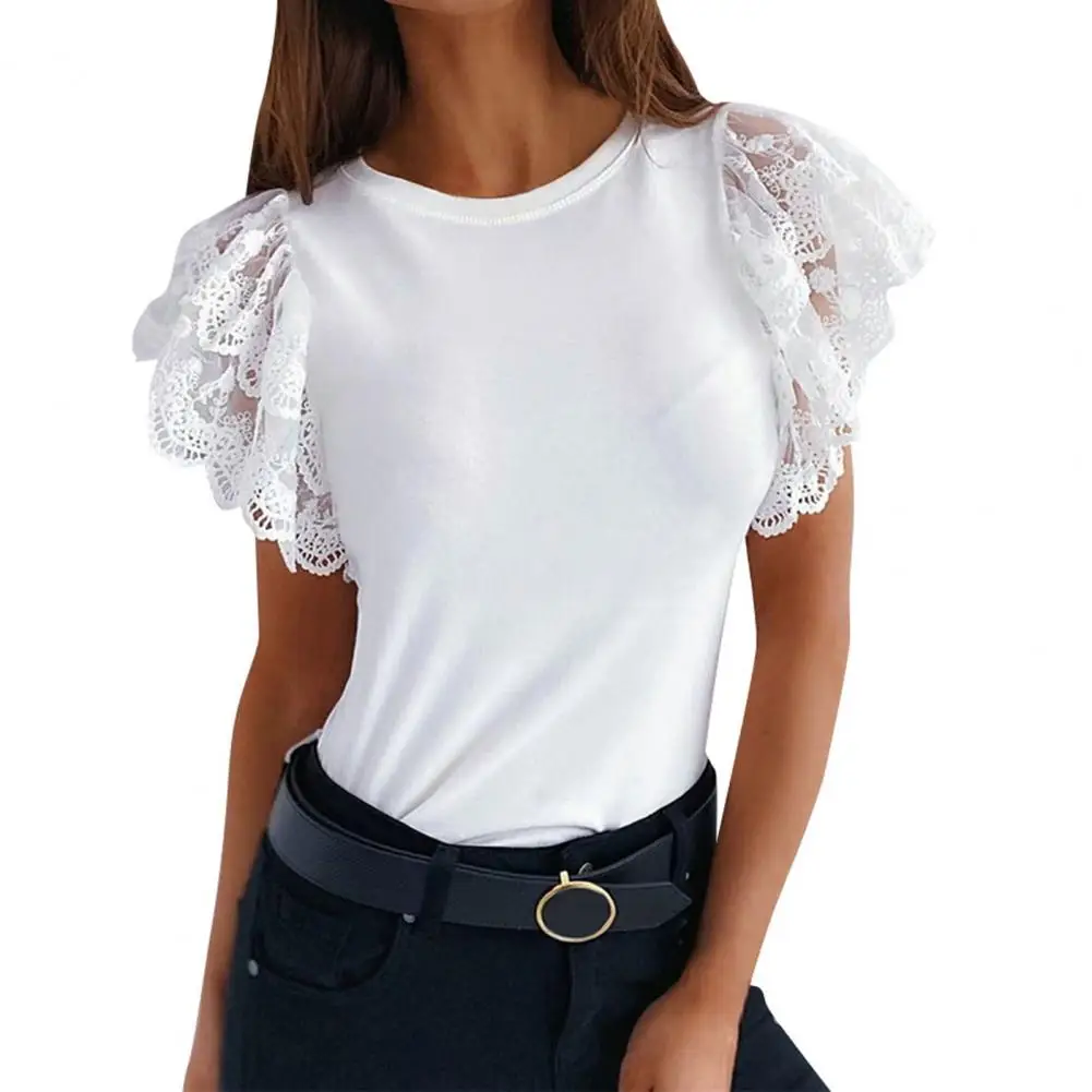 

New Women's Sexy One-Shoulder Lace Patchwork Patchwork Bare-neck Stitching Lace-up Sleeve T-Shirt Tops