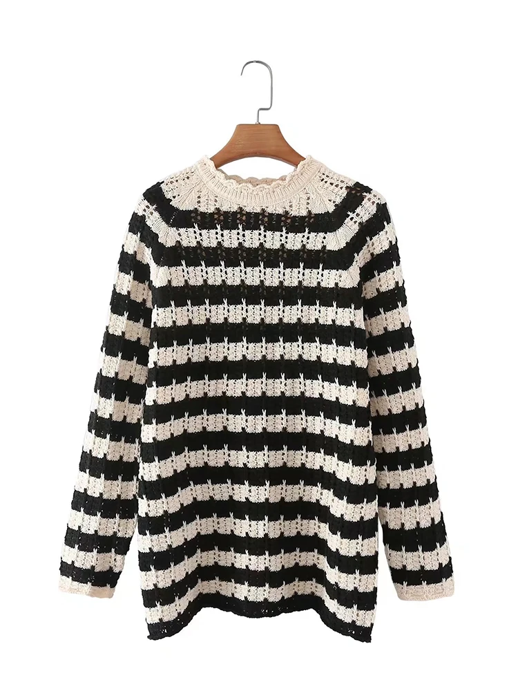 

Ladies Fashion New Lace Round Neck Raglan Long Sleeves Design Style Soft and Comfortable Striped Jacquard Mesh Knit Sweater