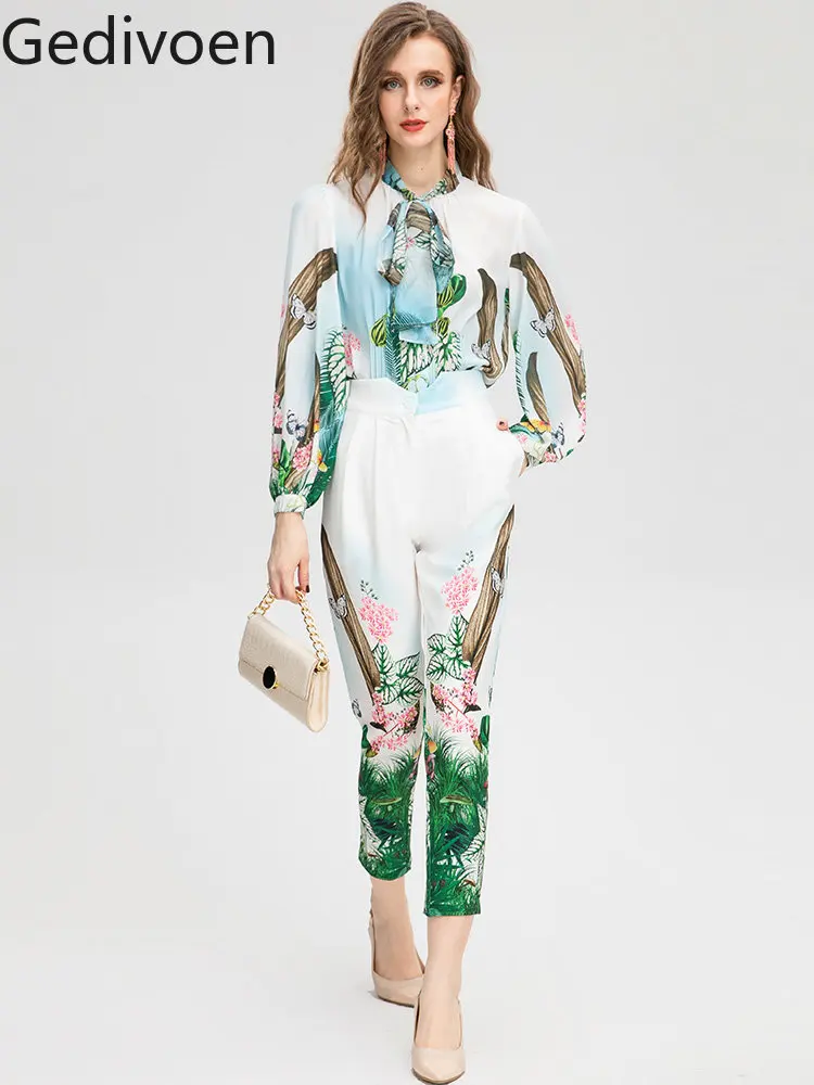 

Gedivoen Fashion Runway Autumn Winter Pants Suit Women's Lantern sleeve Flower Print Loose Blouse + Pants Two Piece Suit