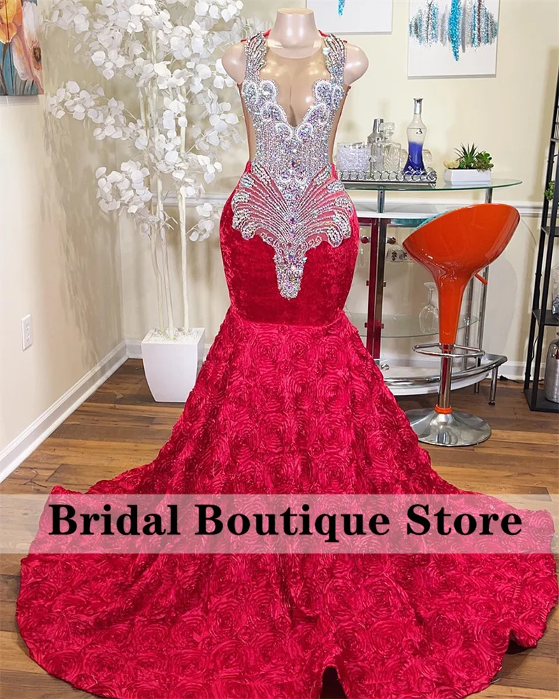 

New Arrival 2023 Mermaid Prom Dress 2023 For Black Girls Crystals Sheer Mesh Rhinestones Birthday Party Gown Ruffle Robe De Bal
