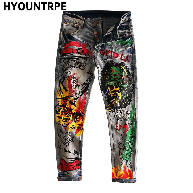 Skull Graffiti Printed Ripped Denim Jeans Hip Hop Distressed Biker Jeans Fashion Streetwear Slim Pants Joggers Y2k Men’s Jeans
