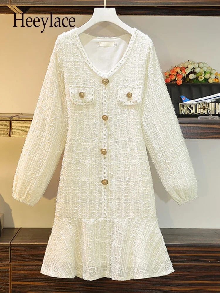 

Fall Winter Knee Length Dress For Women French Sweet Style Puff Sleeve V Neck Button Pockets Pleated Solid A Line Dress 4XL