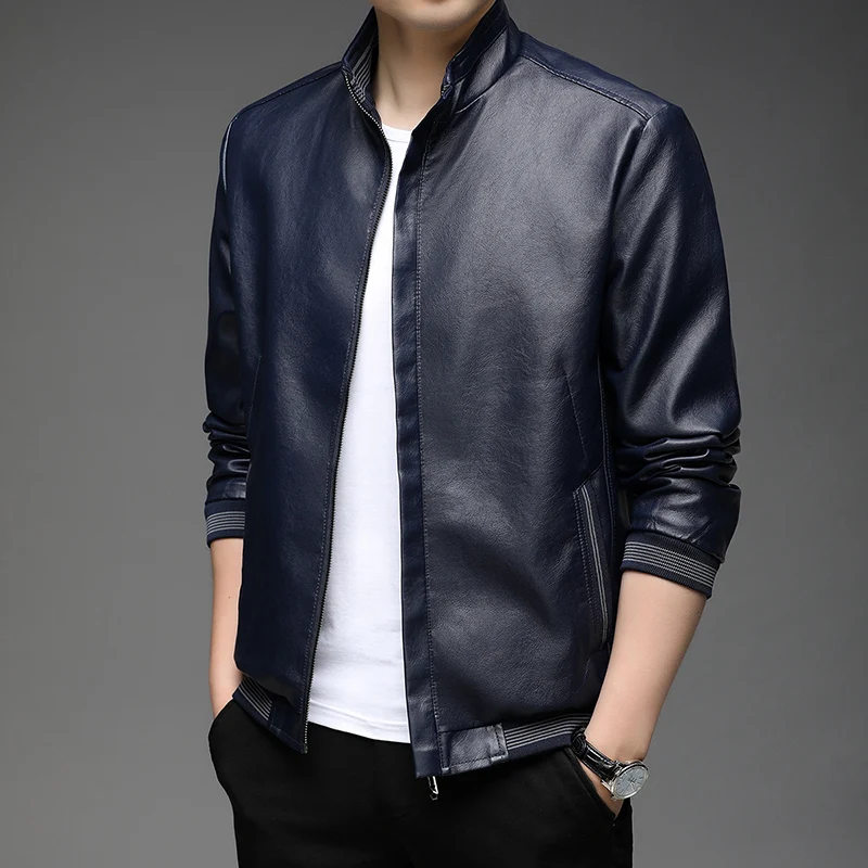 

Business Pocket Spring Autumn Long Sleeve Casual Fashion Korean Pure Color Classic New Top Grade Men's Leather Jackets for Men