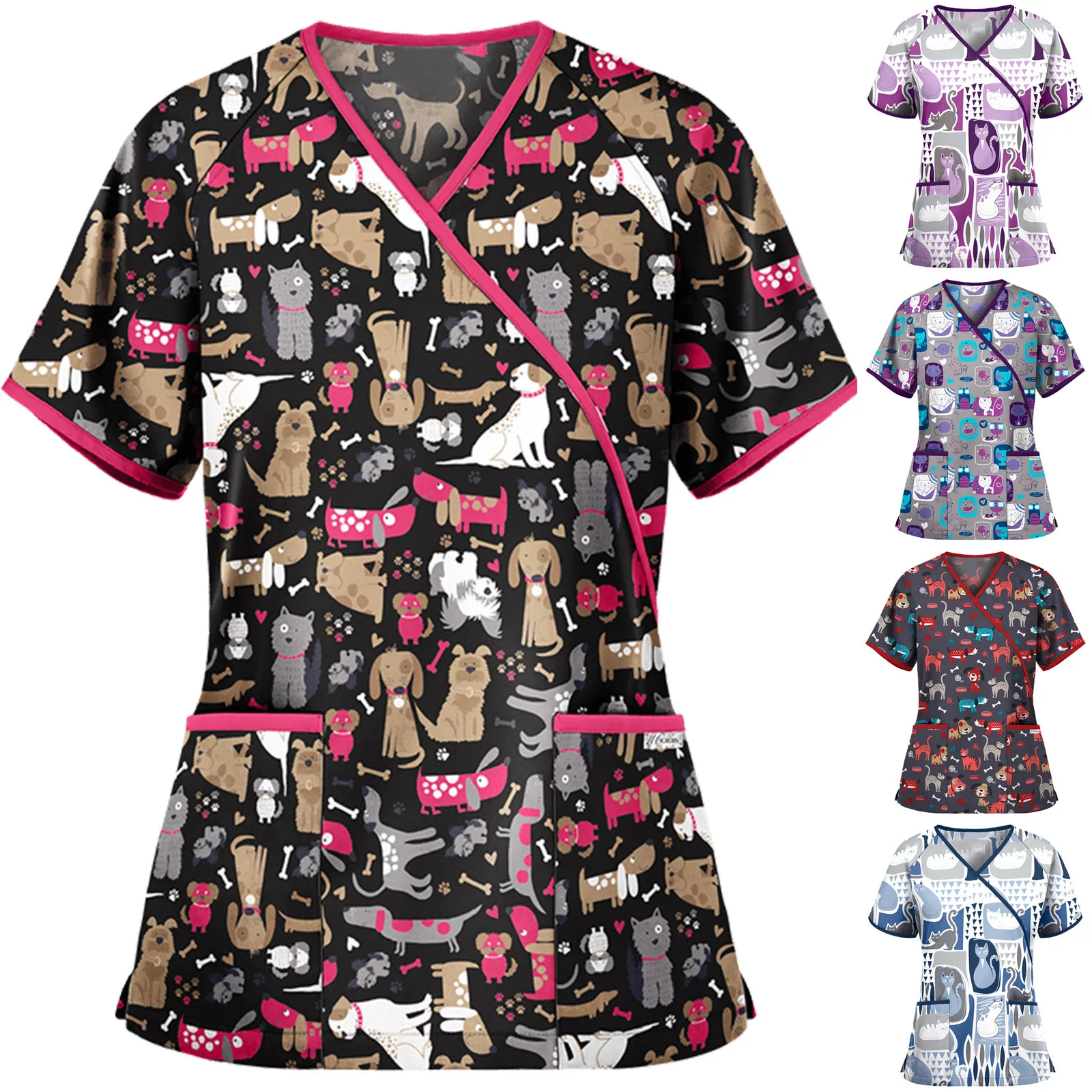 

Cute Cartoon Animals Print Nursing Scrubs Women Tops Short Sleeve V-neck Drawstring Working Uniform Blouse Costume Shirts Female