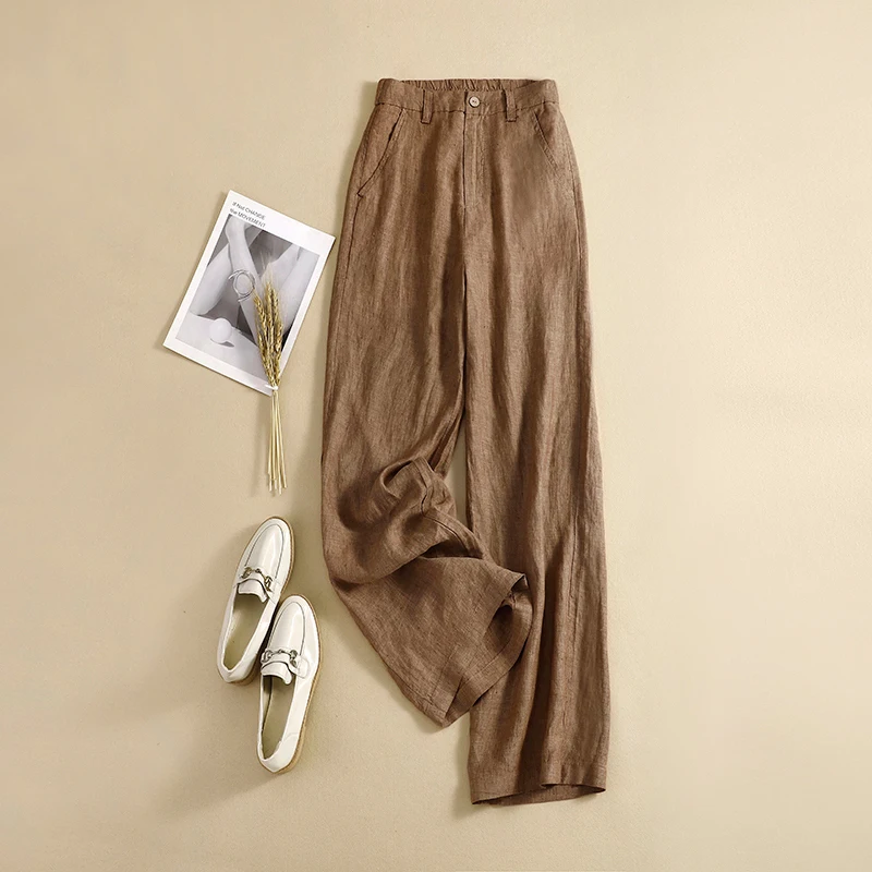 

2022 Spring Summer New Arts Style Women High Waist Loose Cotton Linen Pants All-matched Casual Solid Wide Leg Pants V968