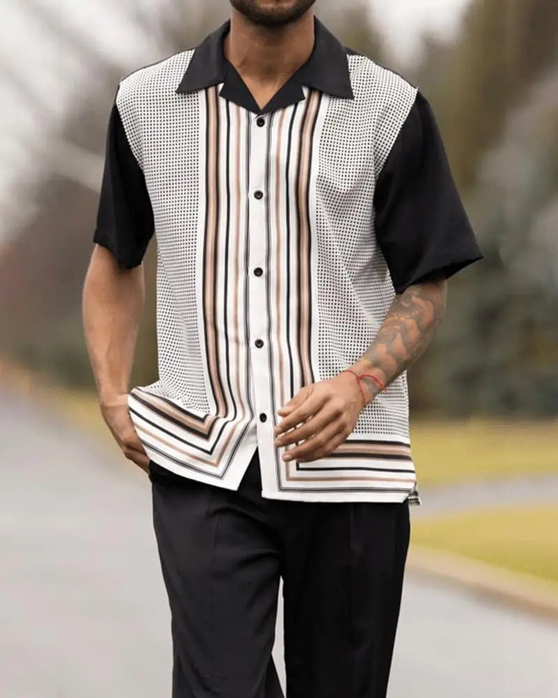 Ethnic pattern printing men's summer two-piece fashion casual short-sleeved shirt and trousers suit men's 2023 suit pants 4XL