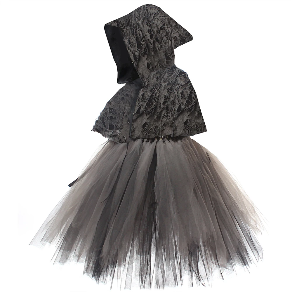 Детский костюм для косплея черное платье с капюшоном и принтом черепа