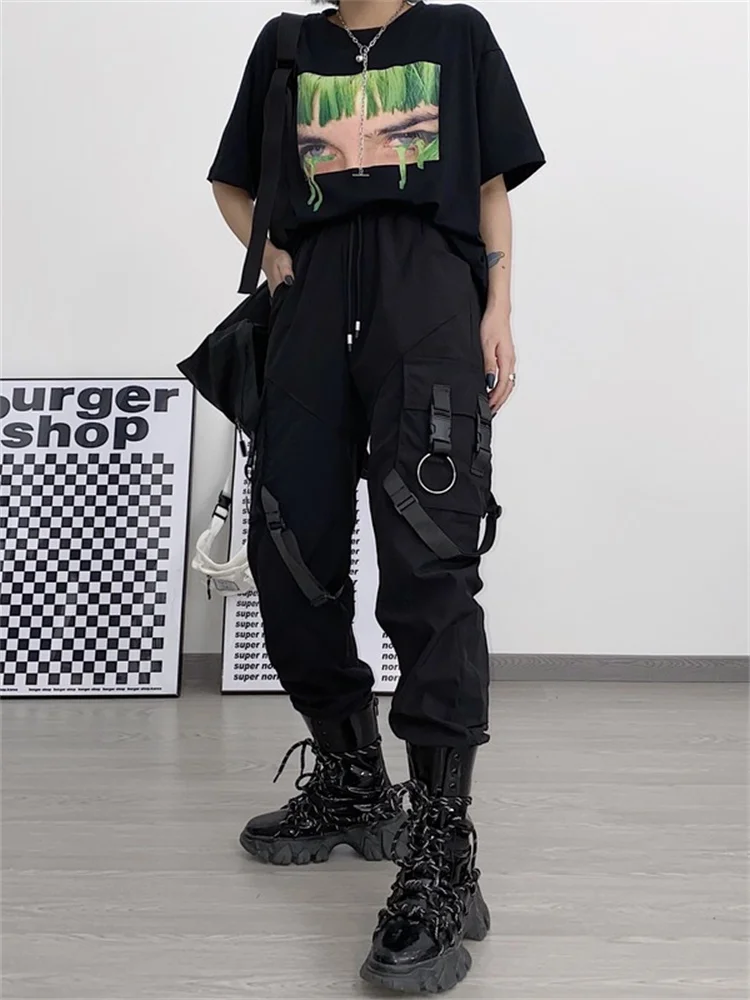 QWEEK Gothic Punk Black Cargo Pants Women Pockets Hippie Streetwear Joggers Harajuku Techwear Oversize Trousers For Female