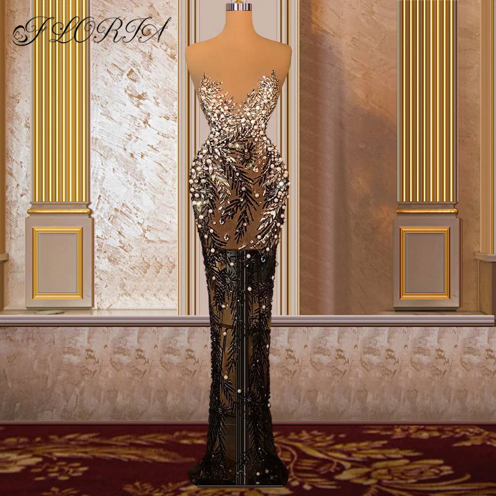 

Sheer Neckline Sleeveless Pearls Lace Black Evening Dress Gorgeous Crystals Mermaid Prom Dresses Party Gown Robes De Soiree