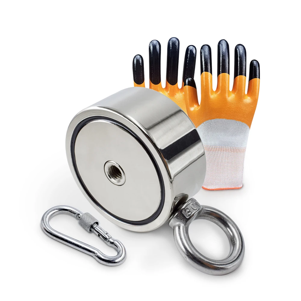 

Double Sided Fishing Magnet Bundle Pack with Carabiner Non-Slip Nylon Gloves Salvage Search Magnet Strong Neodymium Magnet