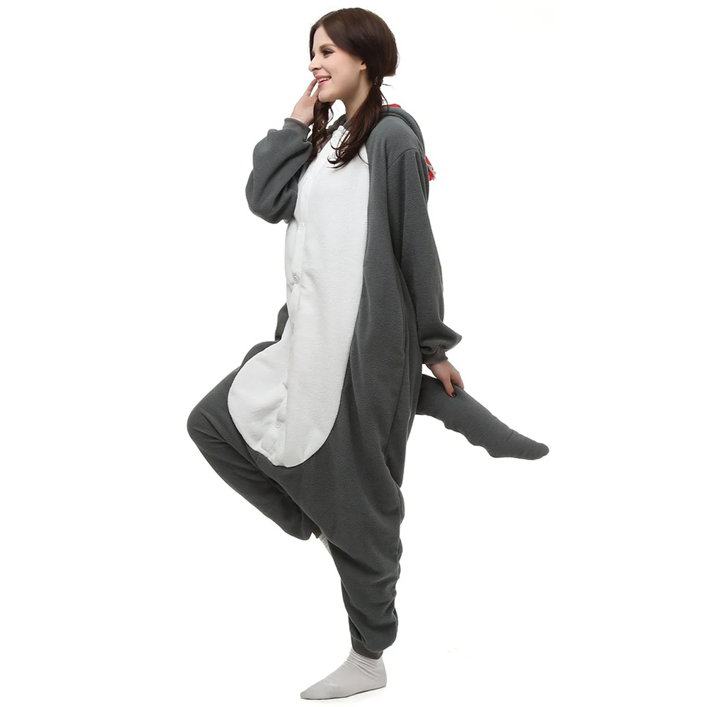 Young Women Winter One-Piece Grey Animal Cartoon Pajamas With Big Tusks And A Tail Polyester Warm Comfortable Sleepwear Cosplay