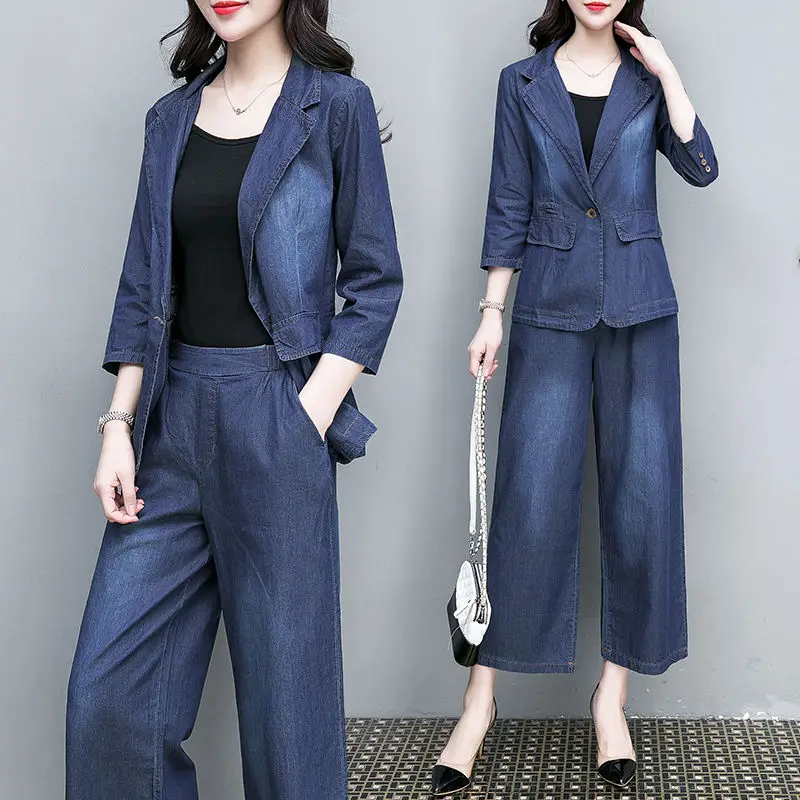 

Blue Denim Suit Loose Women Cowboy 2 Piece Set Jacket and Pants Suits Loose Casual Jeans Sets Women Outfits Large Size 4XL E287