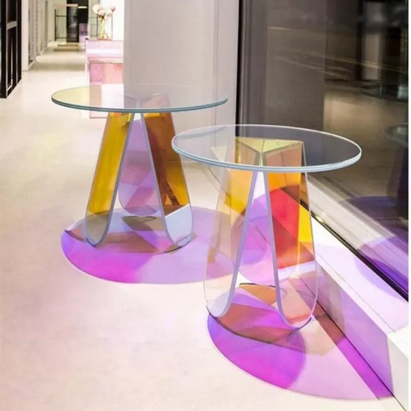 

Nordic Acrylic Side Table Display Designer Round Colorful Rainbow Clear Acrylic Iridescent Art Coffee Table Home Furniture