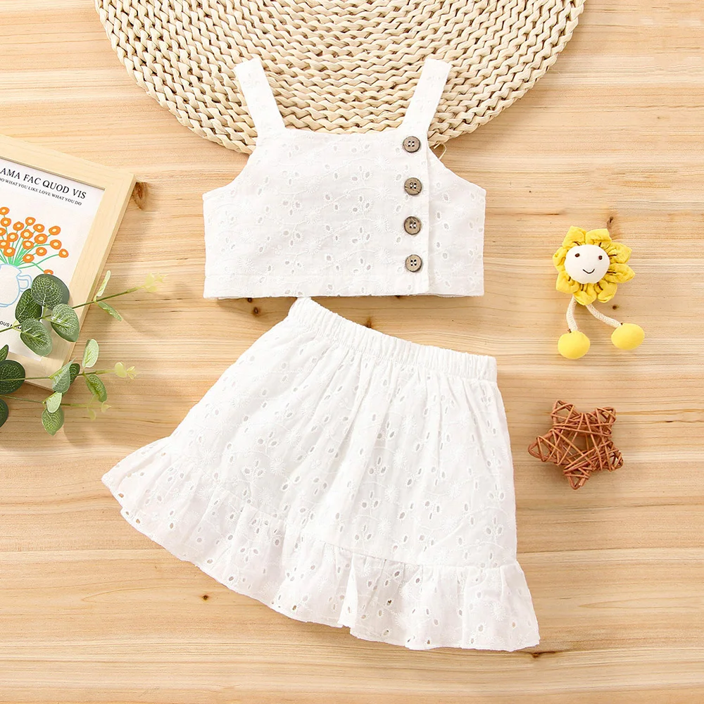 

2pcs Outfits 2022 Summer Clothing Baby Girl Children's 100% Cartoon Casual White Vest Tops + Skirt Kids Dress 0-18M
