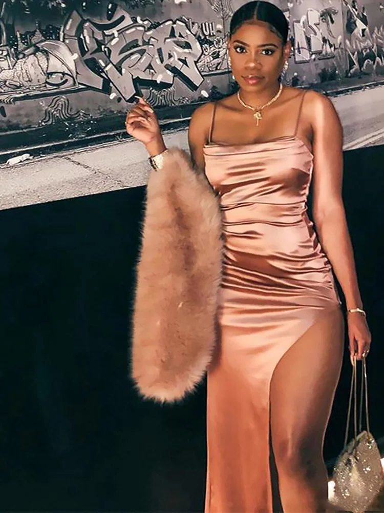 Летнее розовое Плиссированное эластичное Атласное Бальное Платье с разрезом