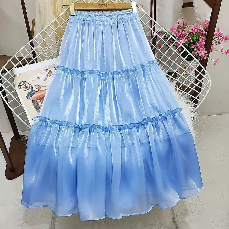 Summer retro solid color  thin high-waist college chiffon fairy stitching sweet  mid-length  pleated skirt  Casual  Solid