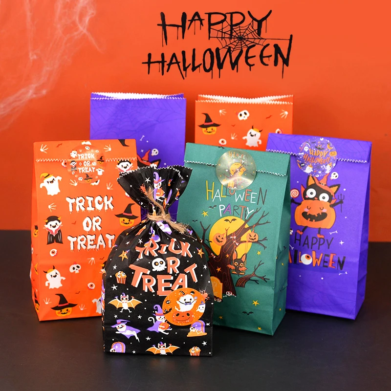 

Happy Halloween Candy Cookie Snack Paper Bag With Sticker Kids Trick Or Treat Favors Halloween Party Decoration Gift Bags