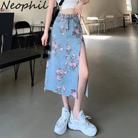 neophil 2022 spring floral printed pencil denim midi skirts wrap fashion hip side split sexy hip jean skirt with pockets s220109