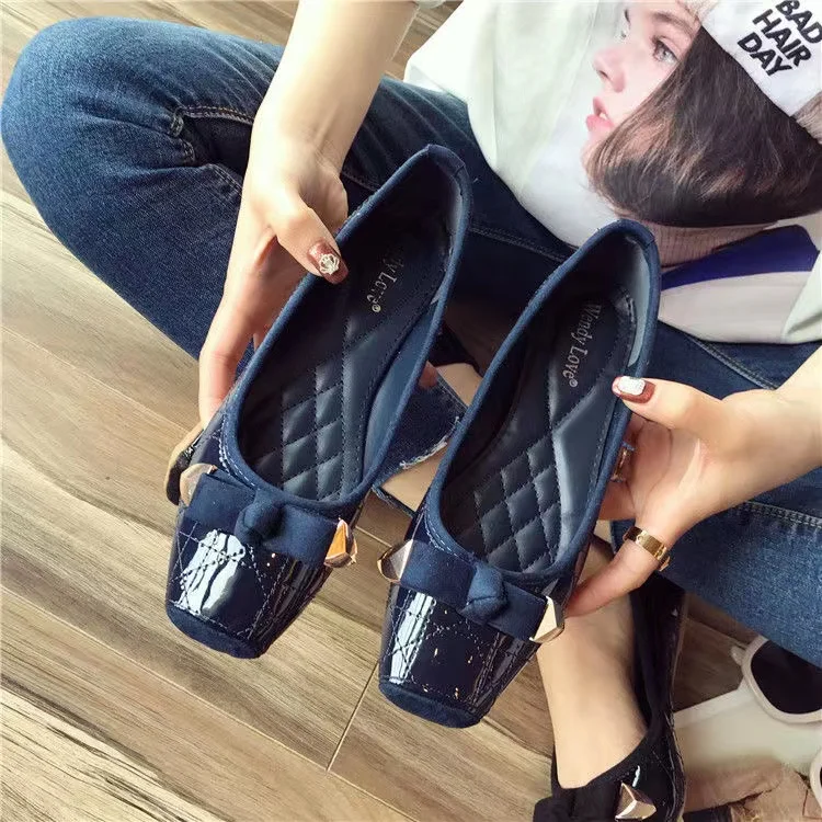 

New Leather Women Solid Ballerina Flats Plus Size 35-41 Office Shoes Ladies Black Espadrilles Square Toe Bow-knot Moccasins