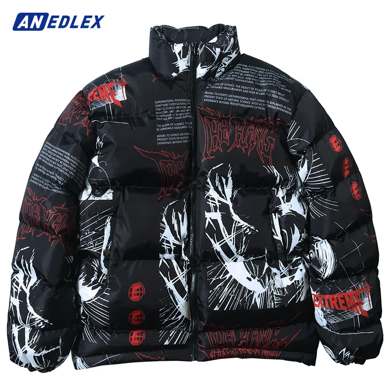 

Men Parka Jacket Hip Hop Streetwear Japanese Anime Graphic Print Padded Jacket Coat Harajuku Winter Cotton Thick Warm Outwear