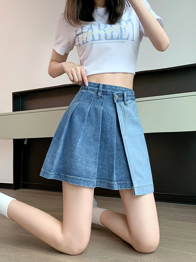 Summer Casual Women Empire Slim Pleated Denim Shorts Vintage Lady High Street Wide Leg Denim Culottes