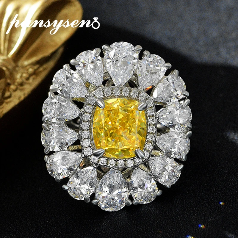 

PANSYSEN Luxury 925 Sterling Silver Cushion Shape Citrine Simulated Moissanite Gemstone Cocktail Engagement Ring Fine Jewelry