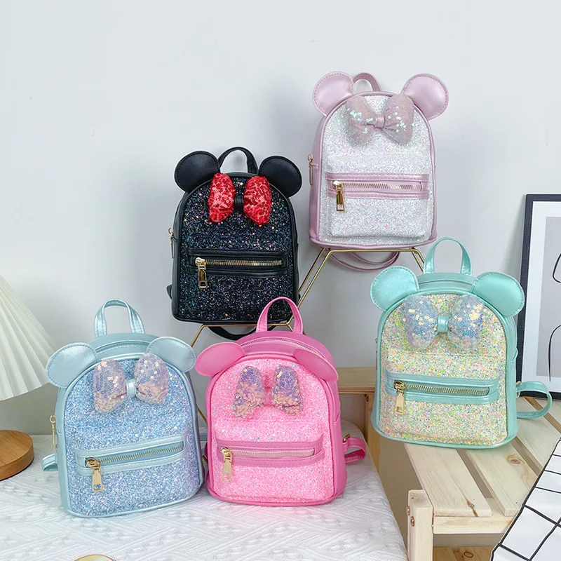 Children's Backpack Cartoon Anime Pink Sequins Girl Backpack Cute Bow Princess Schoolbag Baby Home Snack Solid Color Storage Bag