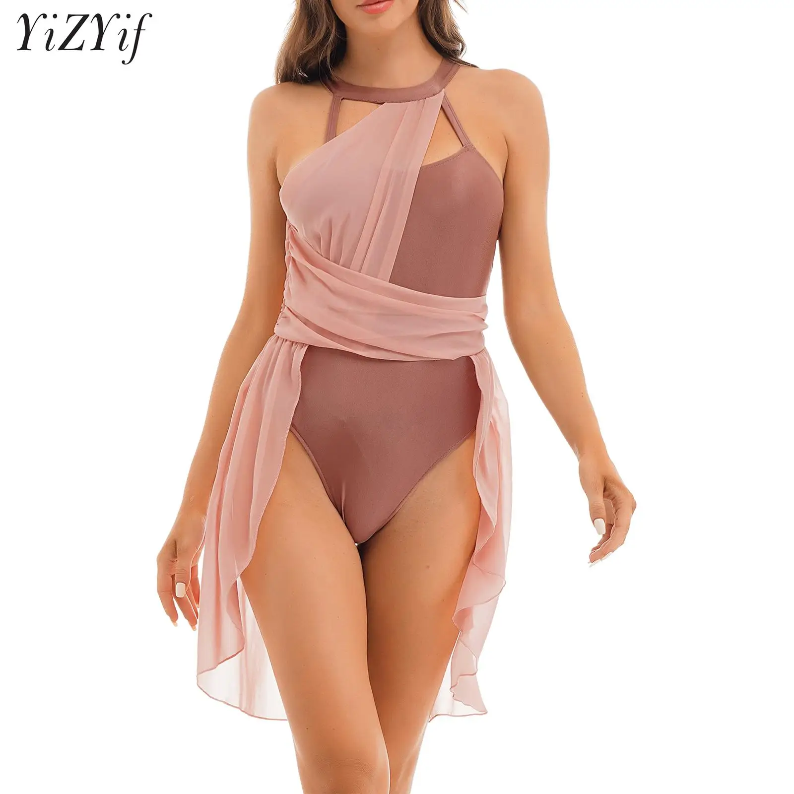 

Womens Color Block Sleeveless Cut Out Back Ballet Gymnastics Leotard Overlay Flowy Mesh Skirt Modern Contemporary Dance Costume