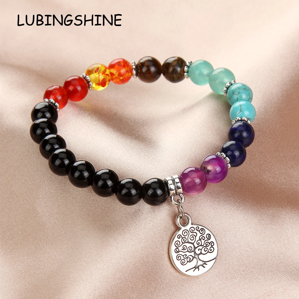 

7 Chakra Gemstone Healing Crystal Stretch Bracelet Round Stone Beads Bracelet Yoga Balancing Meditation Tree of Life Charm