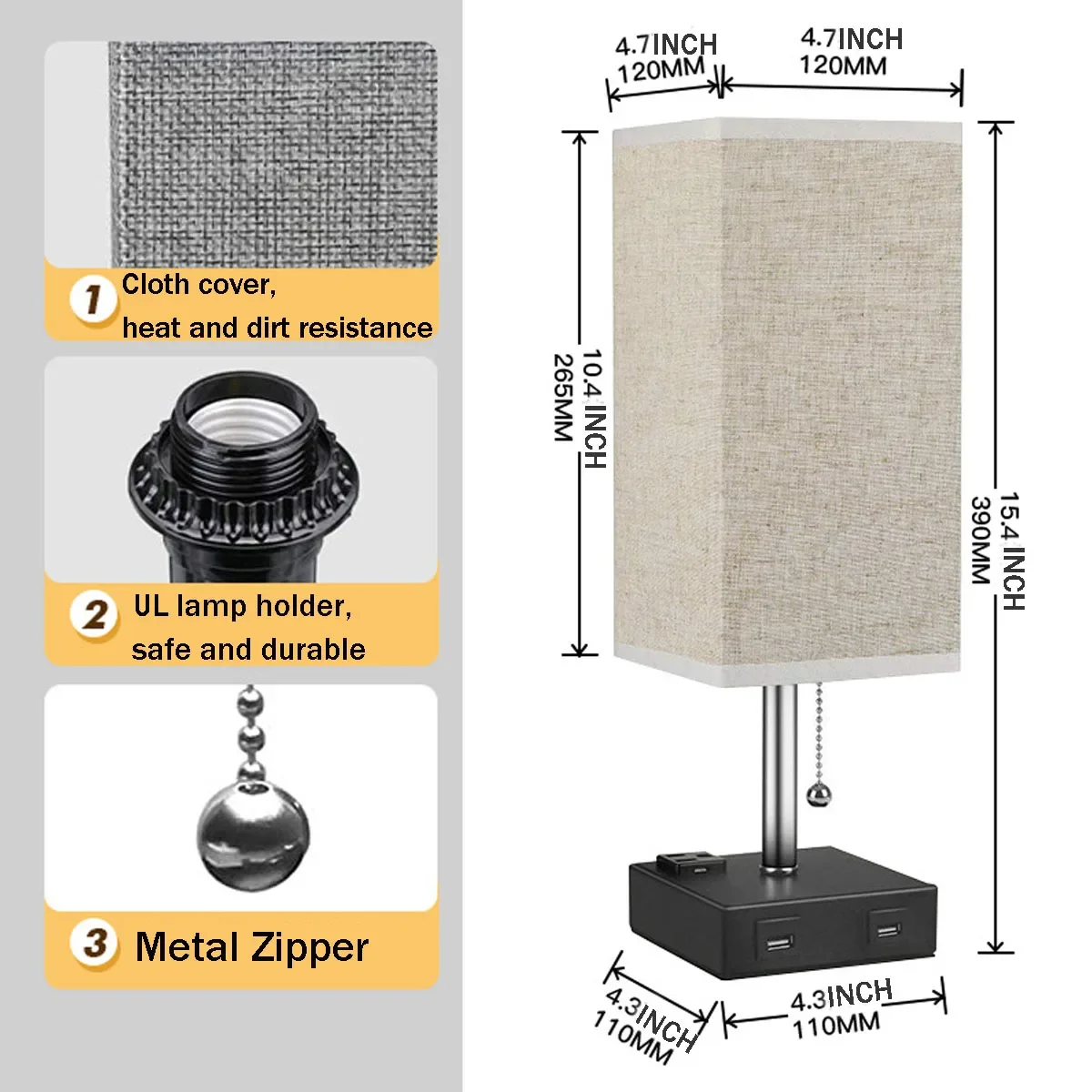 

Bedside Lamp Table Desk Lamp Multifutional With Dual USB Ports Outlets Fabric Shade